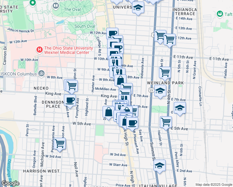 map of restaurants, bars, coffee shops, grocery stores, and more near 1379 High St in Columbus