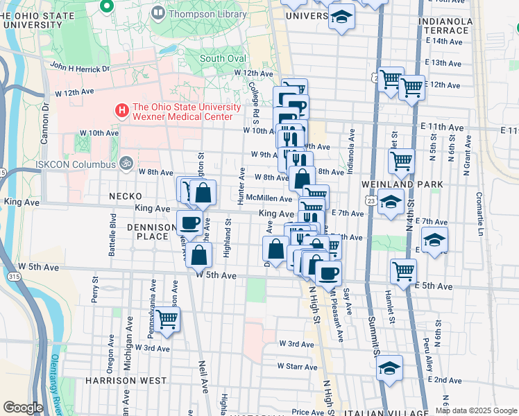 map of restaurants, bars, coffee shops, grocery stores, and more near 103 King Avenue in Columbus