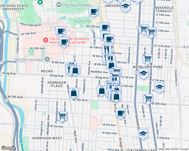 map of restaurants, bars, coffee shops, grocery stores, and more near 103 King Avenue in Columbus