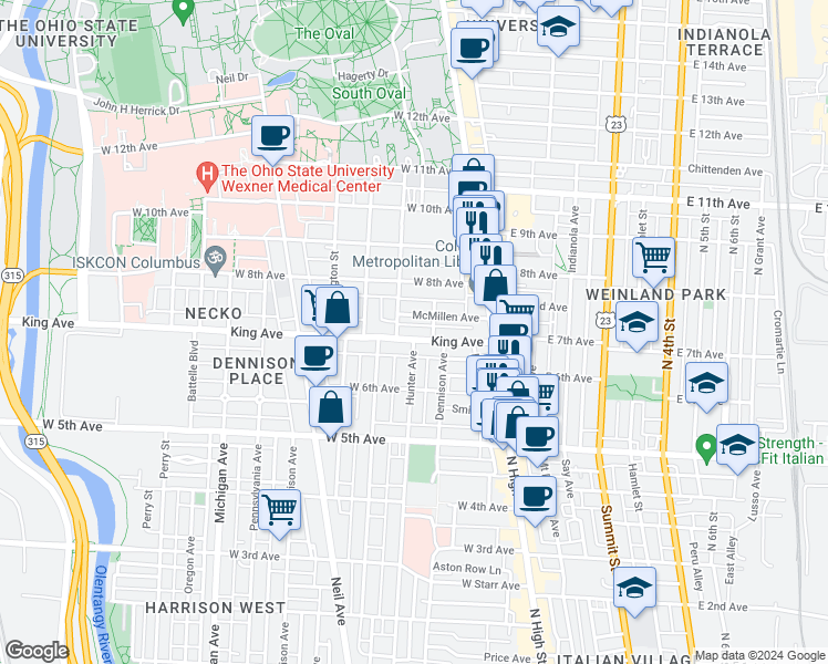 map of restaurants, bars, coffee shops, grocery stores, and more near 103 King Avenue in Columbus