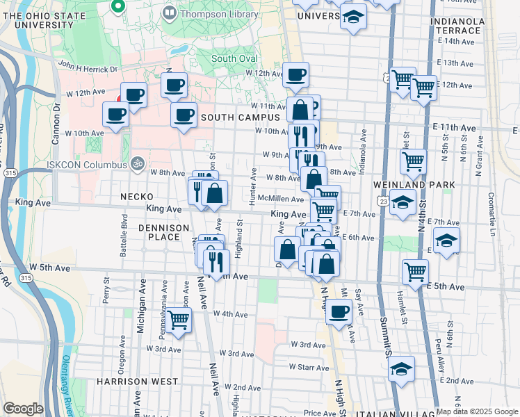 map of restaurants, bars, coffee shops, grocery stores, and more near in Columbus