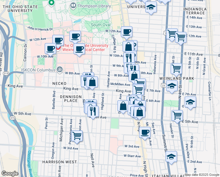 map of restaurants, bars, coffee shops, grocery stores, and more near in Columbus