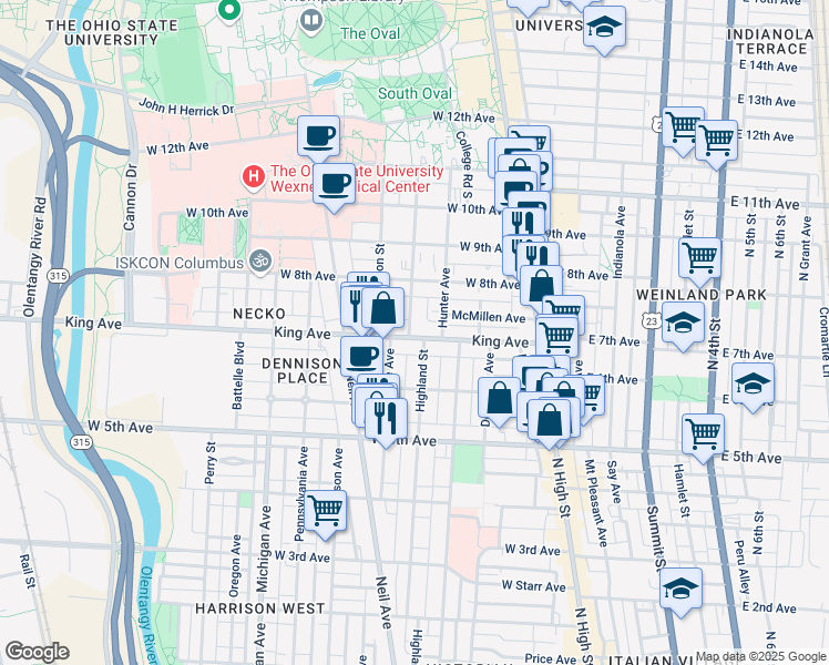 map of restaurants, bars, coffee shops, grocery stores, and more near 191 King Avenue in Columbus