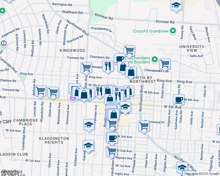 map of restaurants, bars, coffee shops, grocery stores, and more near 1474 West 6th Avenue in Columbus