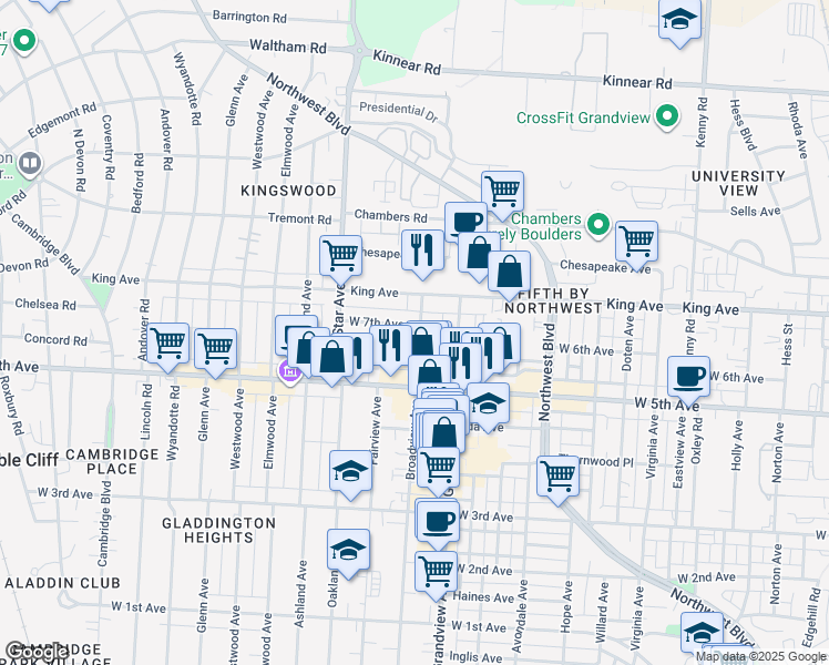 map of restaurants, bars, coffee shops, grocery stores, and more near 1474 West 6th Avenue in Columbus