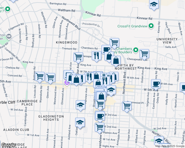 map of restaurants, bars, coffee shops, grocery stores, and more near 1474 West 6th Avenue in Columbus