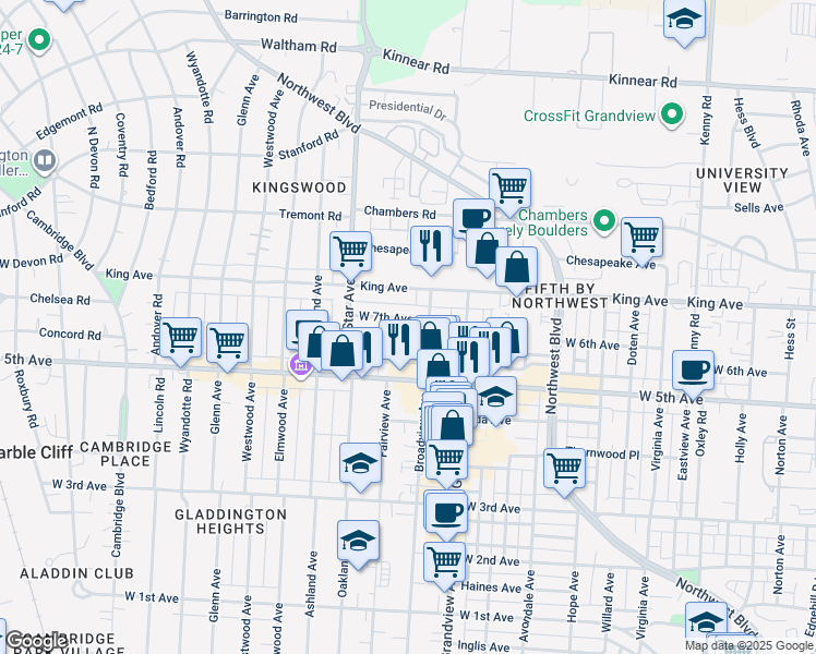map of restaurants, bars, coffee shops, grocery stores, and more near 1474 West 6th Avenue in Columbus