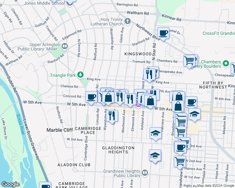 map of restaurants, bars, coffee shops, grocery stores, and more near 1628 Glenn Avenue in Columbus