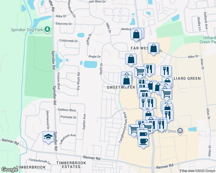 map of restaurants, bars, coffee shops, grocery stores, and more near 5716 Apricot Lane in Hilliard