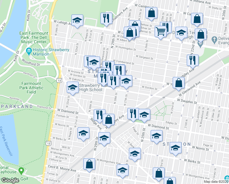 map of restaurants, bars, coffee shops, grocery stores, and more near 2240 North 28th Street in Philadelphia