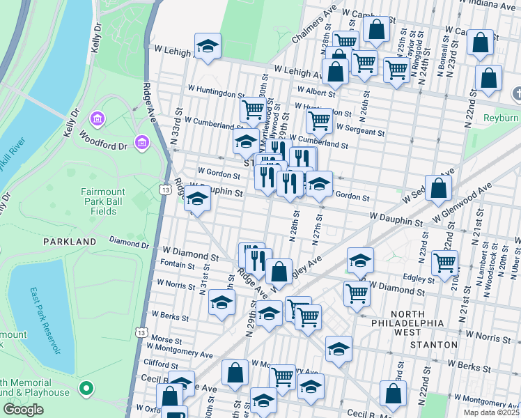 map of restaurants, bars, coffee shops, grocery stores, and more near 2913 West Fletcher Street in Philadelphia