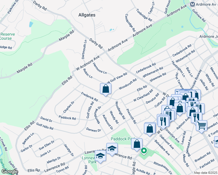 map of restaurants, bars, coffee shops, grocery stores, and more near 41 West Golf View Road in Havertown