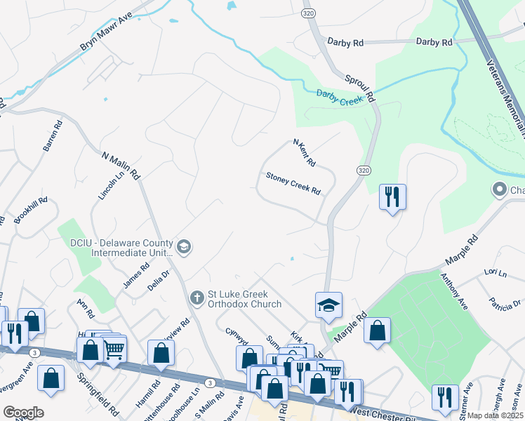 map of restaurants, bars, coffee shops, grocery stores, and more near 2736 South Kent Road in Broomall
