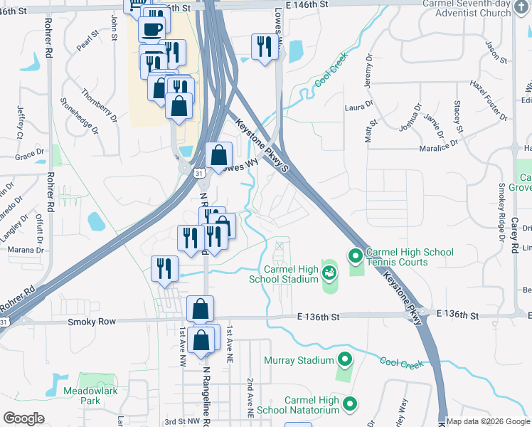 map of restaurants, bars, coffee shops, grocery stores, and more near 124 Trail View Drive in Carmel