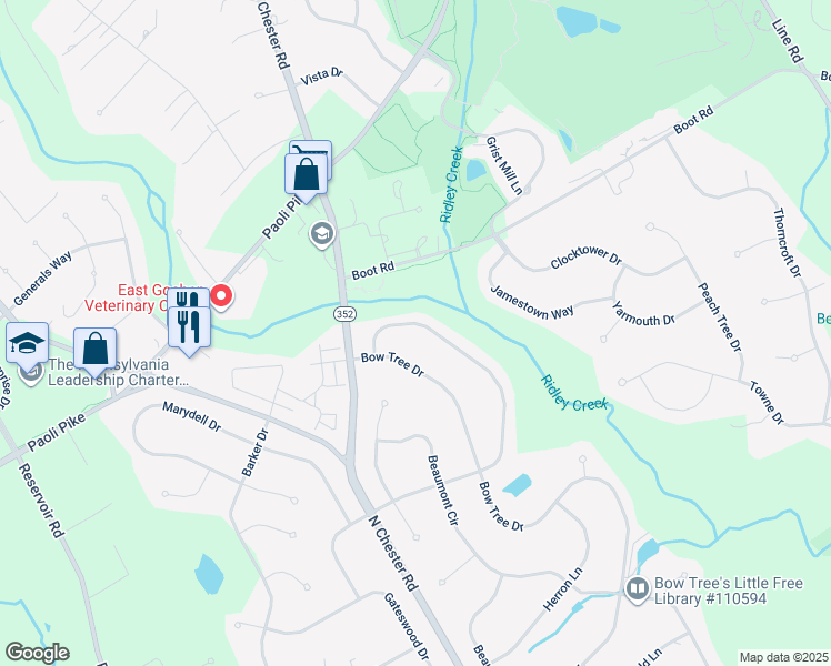 map of restaurants, bars, coffee shops, grocery stores, and more near 1641 Eldridge Drive in West Chester
