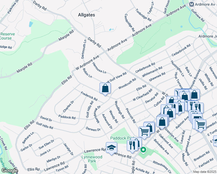 map of restaurants, bars, coffee shops, grocery stores, and more near 212 Ellis Road in Havertown