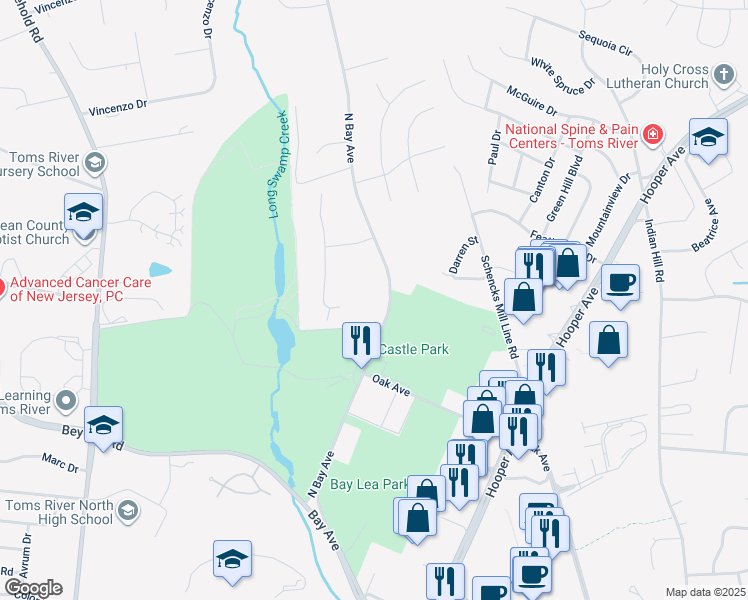 map of restaurants, bars, coffee shops, grocery stores, and more near 1548 North Bay Avenue in Toms River