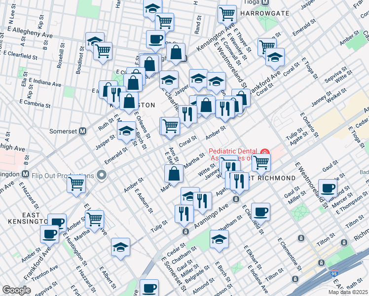 map of restaurants, bars, coffee shops, grocery stores, and more near 3028 Amber Street in Philadelphia