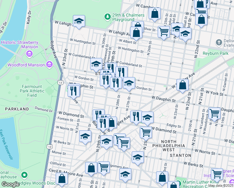 map of restaurants, bars, coffee shops, grocery stores, and more near 2240 North 28th Street in Philadelphia