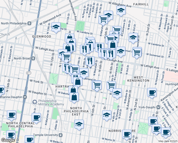 map of restaurants, bars, coffee shops, grocery stores, and more near 2546 North 7th Street in Philadelphia