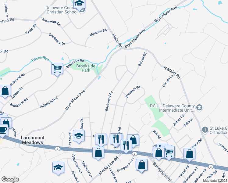 map of restaurants, bars, coffee shops, grocery stores, and more near 113 Rockwood Road in Newtown Square