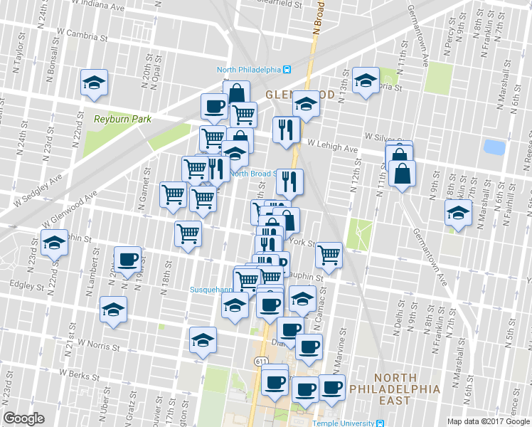 map of restaurants, bars, coffee shops, grocery stores, and more near 1426 West Letterly Street in Philadelphia