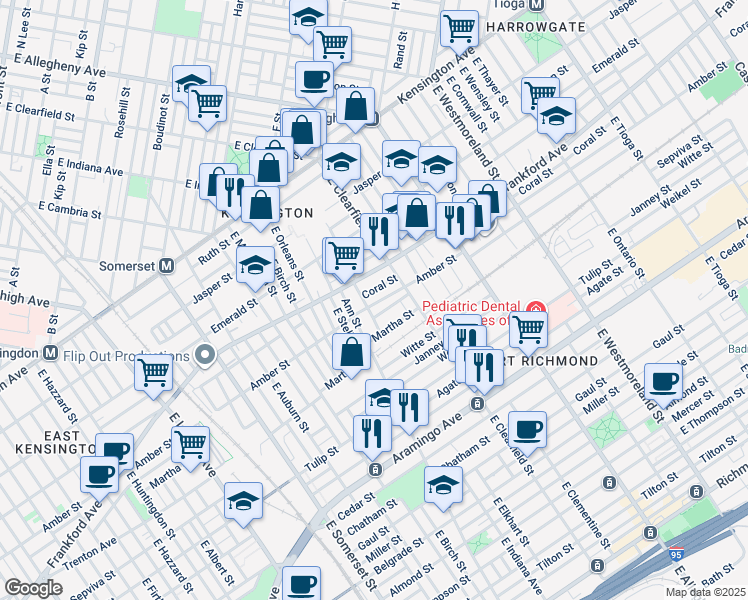 map of restaurants, bars, coffee shops, grocery stores, and more near 3030 Amber Street in Philadelphia