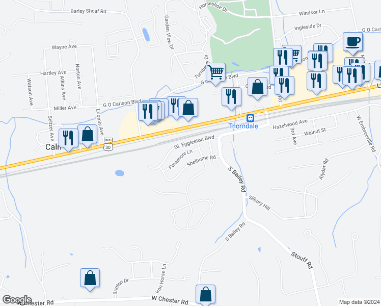 map of restaurants, bars, coffee shops, grocery stores, and more near 2714 Fynamore Lane in Downingtown