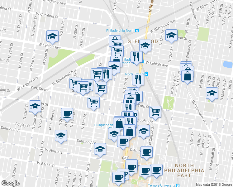map of restaurants, bars, coffee shops, grocery stores, and more near 2424 North Sydenham Street in Philadelphia