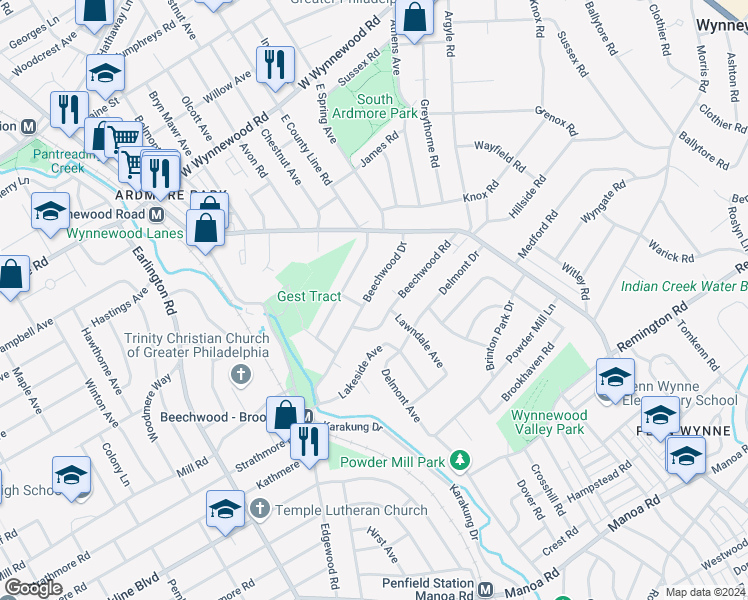map of restaurants, bars, coffee shops, grocery stores, and more near 815 Beechwood Drive in Havertown