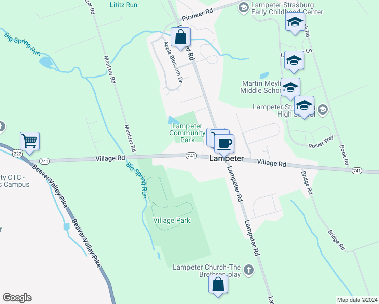 map of restaurants, bars, coffee shops, grocery stores, and more near 837 Village Road in Lancaster