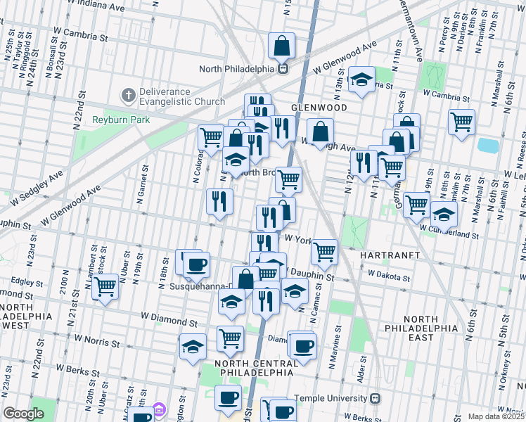 map of restaurants, bars, coffee shops, grocery stores, and more near 1426 West Letterly Street in Philadelphia