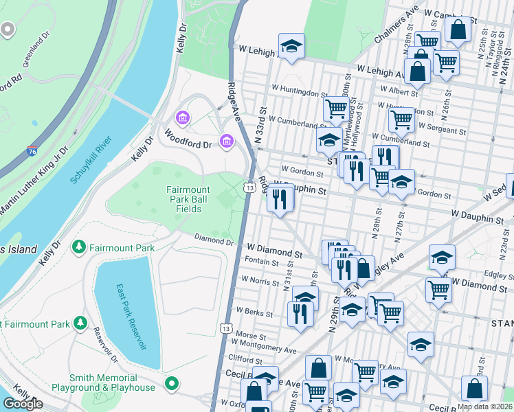 map of restaurants, bars, coffee shops, grocery stores, and more near 3224 West Susquehanna Avenue in Philadelphia