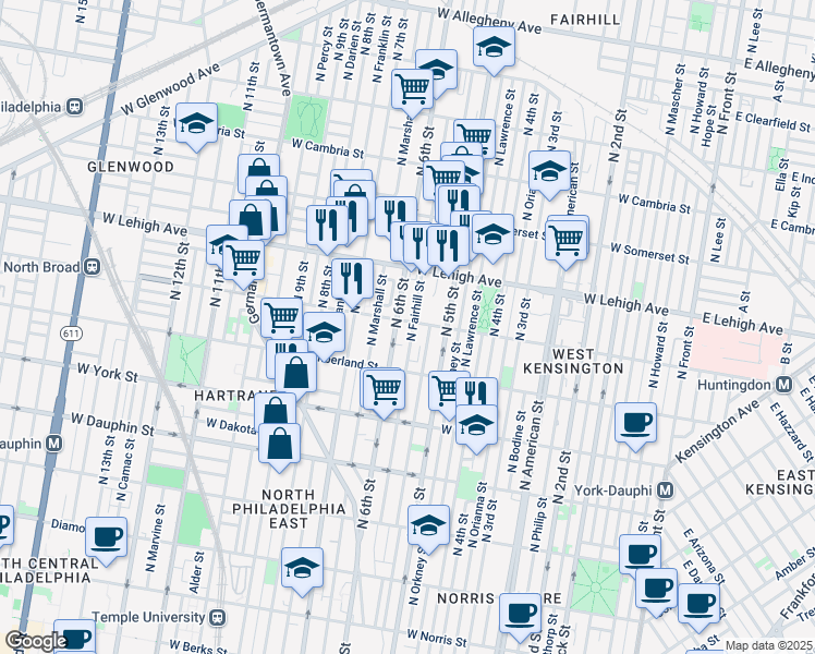 map of restaurants, bars, coffee shops, grocery stores, and more near 540 West Huntingdon Street in Philadelphia