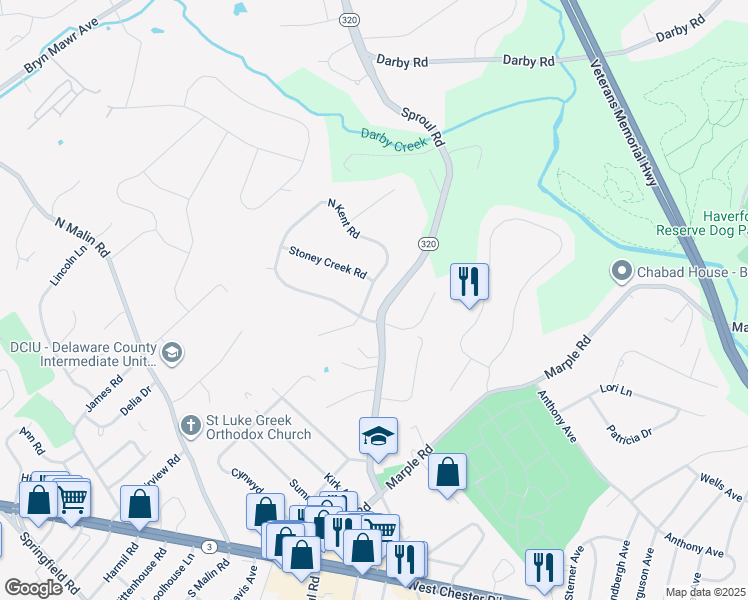 map of restaurants, bars, coffee shops, grocery stores, and more near 302 Fox Lane in Broomall