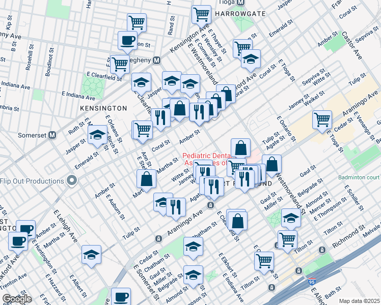map of restaurants, bars, coffee shops, grocery stores, and more near 2141 East Clementine Street in Philadelphia