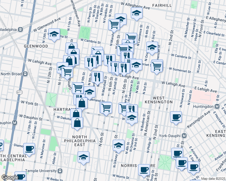map of restaurants, bars, coffee shops, grocery stores, and more near 540 West Huntingdon Street in Philadelphia