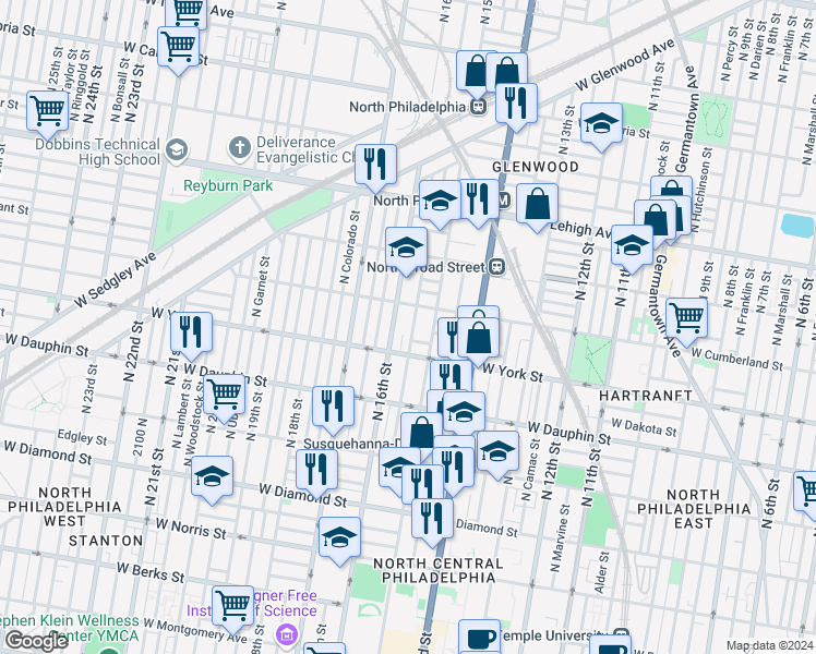 map of restaurants, bars, coffee shops, grocery stores, and more near 2424 North Sydenham Street in Philadelphia