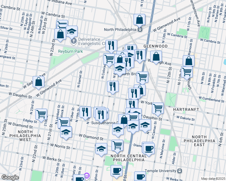 map of restaurants, bars, coffee shops, grocery stores, and more near 2423 North Bancroft Street in Philadelphia