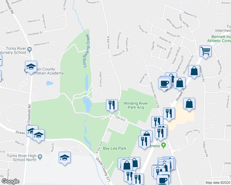 map of restaurants, bars, coffee shops, grocery stores, and more near 1548 North Bay Avenue in Toms River
