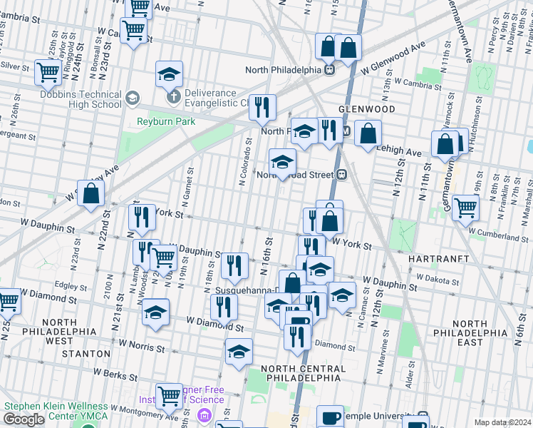 map of restaurants, bars, coffee shops, grocery stores, and more near 2423 North Bancroft Street in Philadelphia