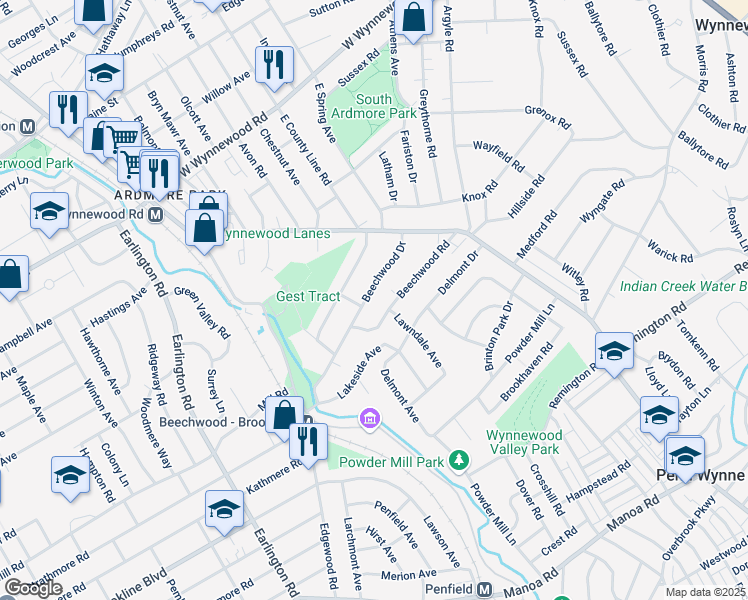 map of restaurants, bars, coffee shops, grocery stores, and more near 815 Beechwood Drive in Havertown
