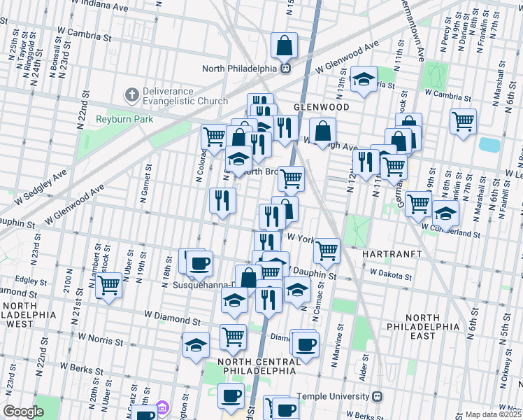 map of restaurants, bars, coffee shops, grocery stores, and more near 1436 West Letterly Street in Philadelphia