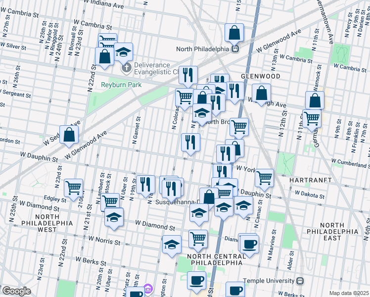 map of restaurants, bars, coffee shops, grocery stores, and more near 2429 North Chadwick Street in Philadelphia
