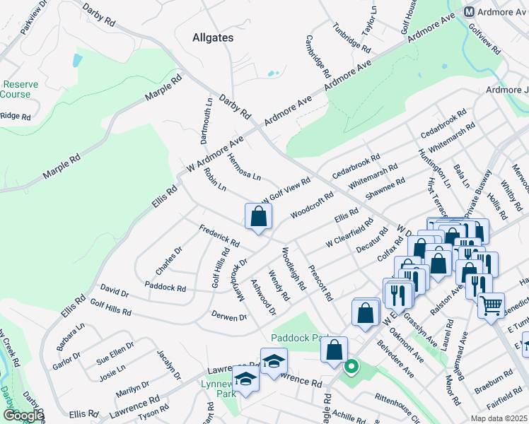 map of restaurants, bars, coffee shops, grocery stores, and more near 41 West Golf View Road in Havertown