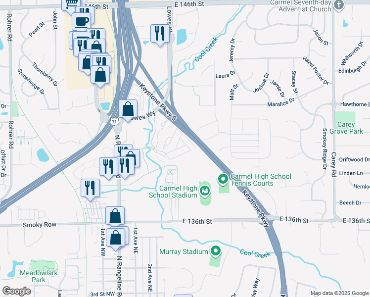 map of restaurants, bars, coffee shops, grocery stores, and more near 161 Hillside Drive in Carmel