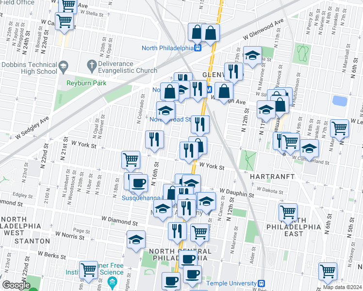 map of restaurants, bars, coffee shops, grocery stores, and more near 1436 West Letterly Street in Philadelphia