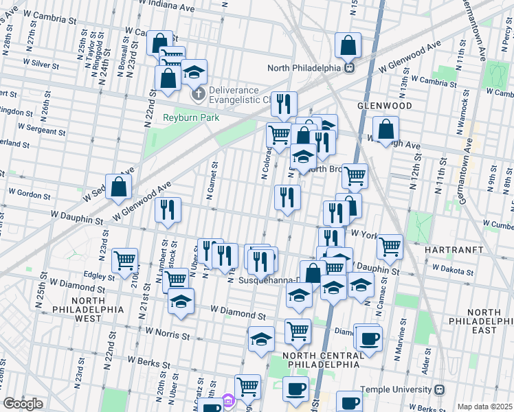 map of restaurants, bars, coffee shops, grocery stores, and more near 2418 North Colorado Street in Philadelphia