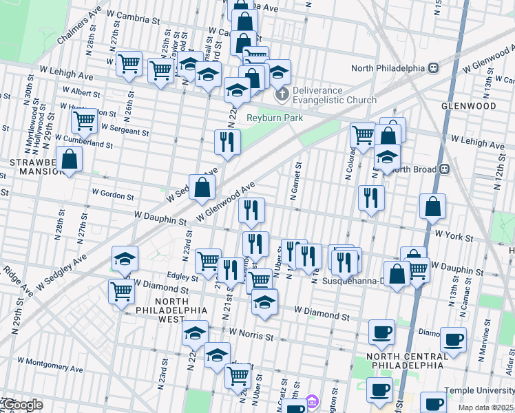 map of restaurants, bars, coffee shops, grocery stores, and more near 2361 North Lambert Street in Philadelphia