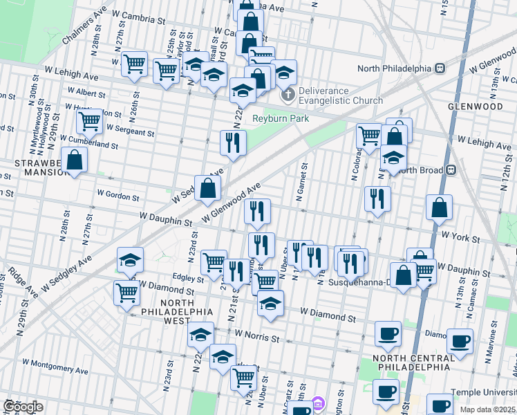 map of restaurants, bars, coffee shops, grocery stores, and more near 2358 North Lambert Street in Philadelphia